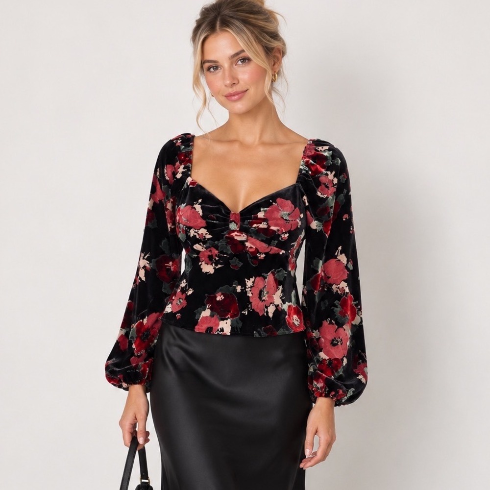 RIXO Bridgette Silk Devore Velvet Burnout Black Red Poppy Sweetheart Size S US 6